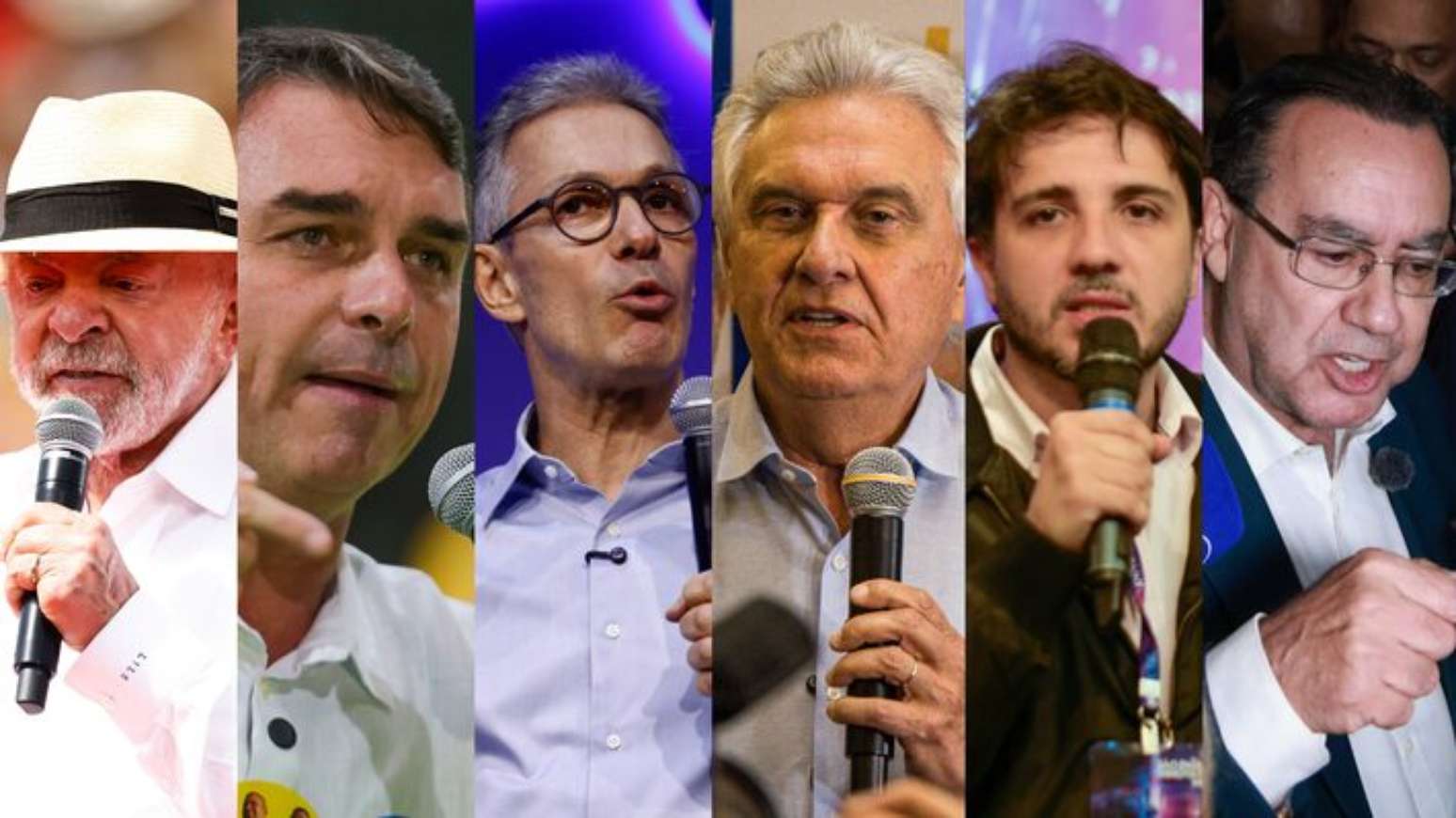 Presidenciáveis Luiz Inácio Lula da Silva (PT), Flávio Bolsonaro (PL), Romeu Zema (Novo), Ronaldo Caiado (PSD), Renan Santos (Missão) e Augusto Cury (Avante)