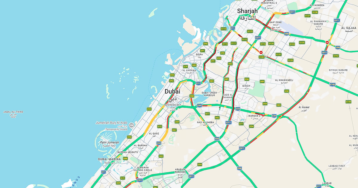 Trânsito hoje em Dubai-Sharjah: Congestionamento intenso atinge a E11 e a E311